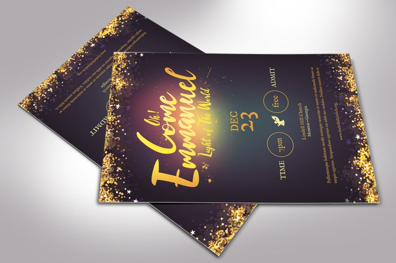 Emmanuel Christmas Flyer Word Publisher Template, Size 5 x 8 inches,  is for events during the Christmas season. Great for Christmas Cantatas, Plays, Pageants, Banquets, Dinner Dance, etc. It has a deep night blue background and golden stars.