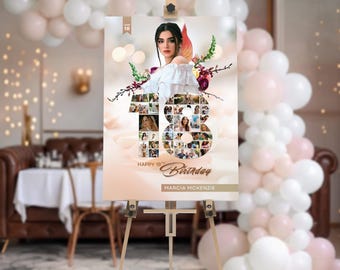 18th Birthday Photo Collage Poster Canva Template 24x36 Cream Floral Board, Editable Printable Sign