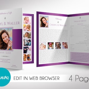 White Purple Tabloid Funeral Program Template, Canva Template, Celebration of Life, Obituary Program, 4 Pages 11x17 in image 1