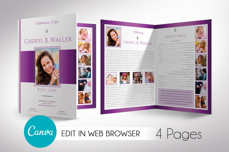 White Purple Tabloid Funeral Program Template, Canva Template, Celebration of Life, Obituary Program, 4 Pages 11x17 in image 1