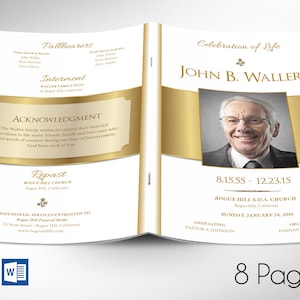 Zestaw szablonów programu pogrzebowego White Gold, Word i wydawca, świętowanie życia, szablon nekrologu dla mężczyzn, 8 stron, 5,5 x 8,5 cala