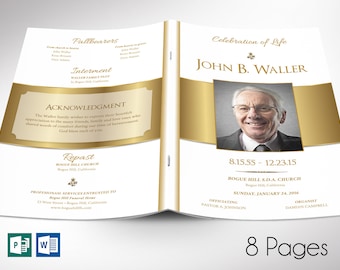 White Gold Funeral Program Template | Word Template, Publisher | Celebration of Life | 8 Pages | 5.5x8.5 inches