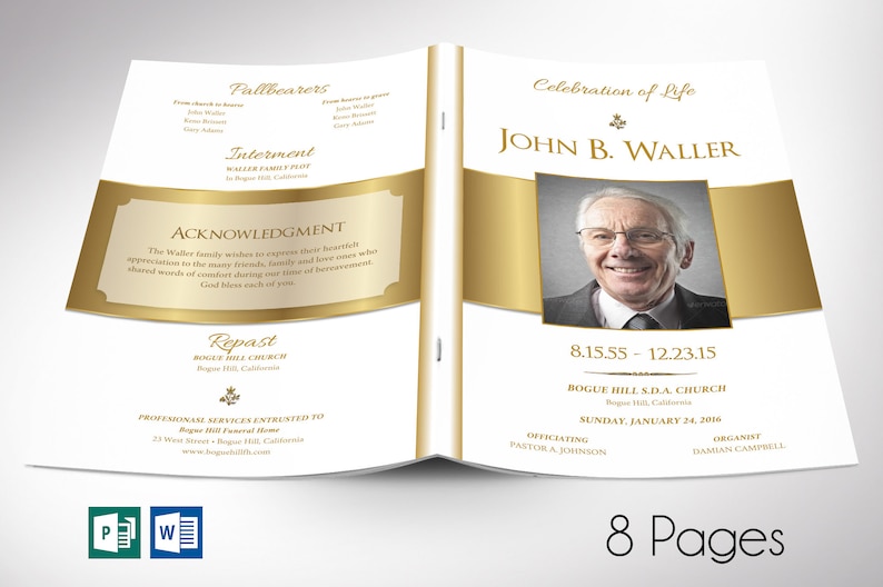 White Gold Funeral Program Template Word Template, Publisher Celebration of Life 8 Pages 5.5x8.5 inches image 1