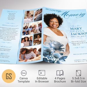 Plantilla clásica de programa funerario de rosas, Canva, azul cielo, estilo revista, obituario de mujeres, celebración de la vida, 4 páginas, plegable, 5,5 x 8,5 pulgadas