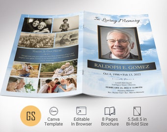 Blue Forever Funeral Program Template, Canva Template, Celebration of Life, Blue Sky, Obituary Program, 8 Pages, 5.5x8.5 in