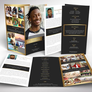 Remember Gold Tabloid Trifold Funeral Program Template for Word and Publisher is 17x11 inches. The tabloid trifold brochure features Gold and Black colors with beautiful typography, making it a great gift to remember your loved one. The trifold