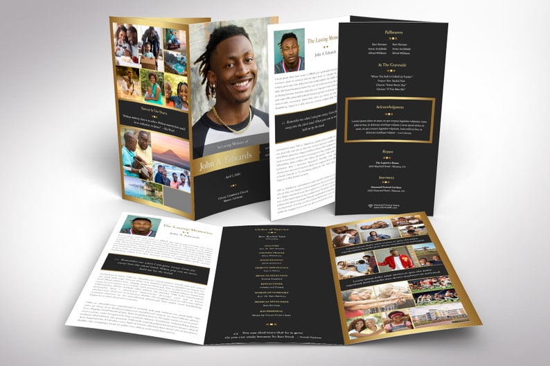 Remember Gold Tabloid Trifold Funeral Program Template for Word and Publisher is 17x11 inches. The tabloid trifold brochure features Gold and Black colors with beautiful typography, making it a great gift to remember your loved one. The trifold