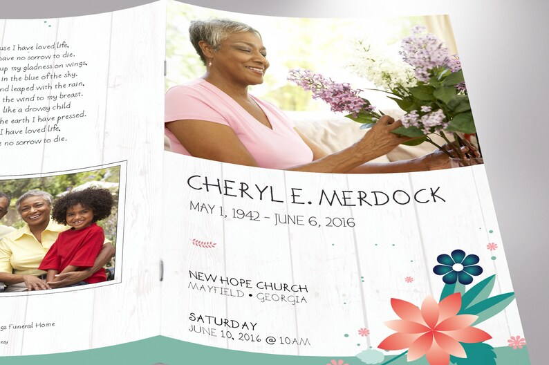 Spring Funeral Program Template for Word and Publisher has 8 pages. The Celebration of Life obituary template is a scrapbook style with teal, beige, and pink. The Print Size of 11x8.5 inches is Bi-Fold to 5.5x8.5 inches. Designed for funerals