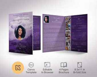 Purple Sky Tabloid Funeral Program Template for Canva, Celebration of Life, Obituary Program for Women | 4 Pages | 11x17 in