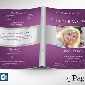 Lavender Funeral Program Template: Silver Celebration of Life (Word & Publisher)