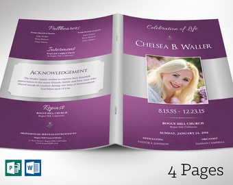 Lavender Regal Funeral Program Word Publisher Template - 4 Pages | Print Size 11”x8.5” | Bi-Fold to 5.5”x8.5”