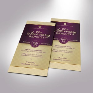 Purple Church Anniversary Banquet Ticket Template for Word and Publisher is 3×6 inches. The gold and purple colors used gives it a royal kingly theme that is attractive and elegant. This Banquet ticket or events ticket is for a church anniversary,