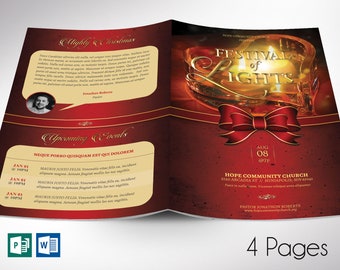 Red Gold Light Christmas Program Template, Word Template, Publisher, Musical Events, Concert Program, 4 Pg, 5.5x8.5 in