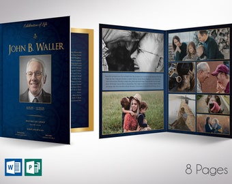 Blue Gold Dignity Funeral Program Large Template for Word and Publisher V2 | 8 Pages | Bi-fold to 8.5x11 inches