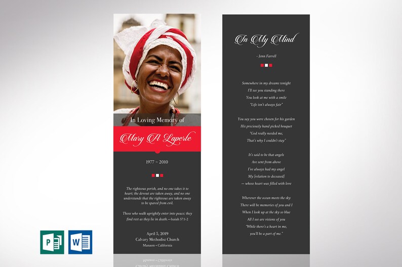 Red Black Funeral Bookmark Template Set, Word and Publisher, Remember