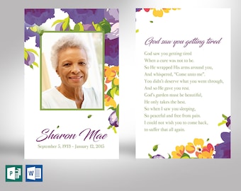 Purple Funeral Prayer Card Template | Word Template, Publisher | Celebration of Life, Funeral Stationery | 2.75x4.5 in