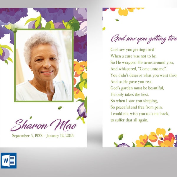 Purple Funeral Prayer Card Template | Word Template, Publisher | Celebration of Life, Funeral Stationery | 2.75x4.5 in