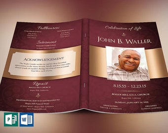 Vintage Maroon Funeral Program Template | Word Template, Publisher | Celebration of Life | 8 Pages | 5.5x8.5 in