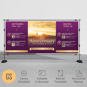 Purple and Gold Church Anniversary Banner Template: 70x30 in (Canva, Digital Download)