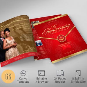 May include: A red and gold bi-fold booklet for the 25th Anniversary Charity Ball. The cover features gold text and accents, with the words "25th Anniversary Charity Ball" prominently displayed. The booklet includes photos and the text "Building Bridges Saving Lives."