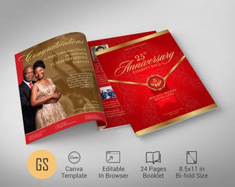 Plantilla para libro de recuerdos del aniversario de la iglesia: Programa de gala rojo y dorado (Canva, 8.5x11, 24 páginas)