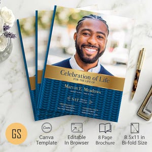 Blue & Gold Waves Funeral Program Template for Canva: 8-Page Bifold Obituary (8.5x11) Digital Download