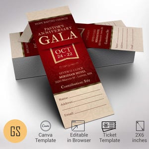 Pastor Appreciation Gala Ticket Template: Red & Gold, Church Event (Canva, 2x6 in)