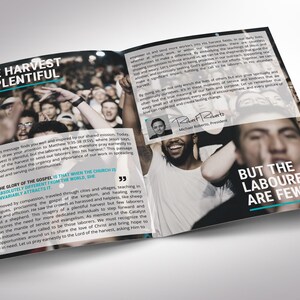 Inside front pages for Blue Catalyst Youth Conference Tabloid Program Template for Canva. Perfectly sized at 17x11 inches and folding to 8.5x11 inches, this 8-page bifold church program template offers plenty of room for your event schedule, speaker bios, ministry details, and volunteer opportunities