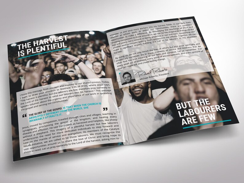 Inside front pages for Blue Catalyst Youth Conference Tabloid Program Template for Canva. Perfectly sized at 17x11 inches and folding to 8.5x11 inches, this 8-page bifold church program template offers plenty of room for your event schedule, speaker bios, ministry details, and volunteer opportunities