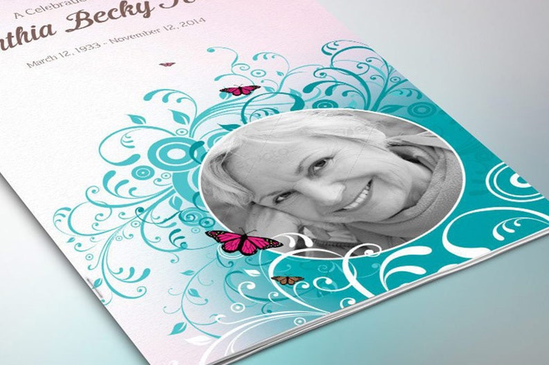 Teal Pink Funeral Program Template, Word Template, Publisher, Butterfly Celebration of Life, Obituary, 4 Pages, 5.5x8.5 in image 6