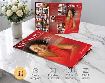 Plantilla de programa funerario Red Dawn para Canva: obituario tríptico estilo revista tabloide (11x17) Descarga digital