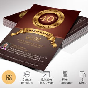 Modèle de Flyer orange et or d&#39;anniversaire d&#39;église : élégante invitation à un banquet (modifiable sur toile, téléchargement numérique)