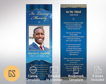 Blue Loving Funeral Bookmark Template for Canva | Memorial Favor for Men, Celebration of Life, Memory Card | 3 Sizes