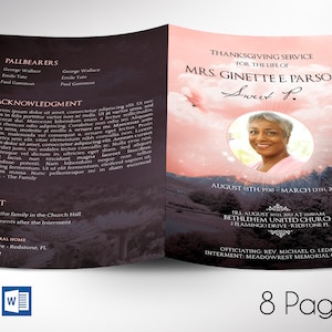 May include: A pink and blue funeral programme with a photo of a woman and the text "Thanksgiving Service for the Life of Mrs. Ginette E. Parson Sweet P."  The programme includes the dates August 15th, 1930 - March 13th, 2013, and the location of the service, Bethlehem United Church, 2 Flamingo Drive, Redstone, FL. The programme also includes the officiant, Rev. Michael O. Ledman, and the interment location, Meadowrest Memorial Gardens.