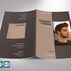 Capture the essence of your loved ones life with our Brown Funeral Program Template for Word and Publisher. This modern and stylish template features 8 pages, with a print size of 11x8.5 inches, elegantly folded to a bi-fold size of 5.5x8.5 inches.