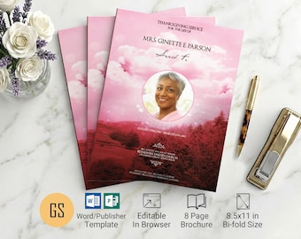 Pink Sky Funeral Program Template for Word and Publisher: 8 Page Bifold Obituary (8.5x11) Digital