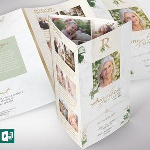 Tropica Legal Trifold Funeral Program Template for Word and Publisher is designed with green and gold, Tropical Florals, over a marble stone background. The legal Print Size of 14x8.5 inches is Trifold to 4.75x8.5 inches. The celebration of life