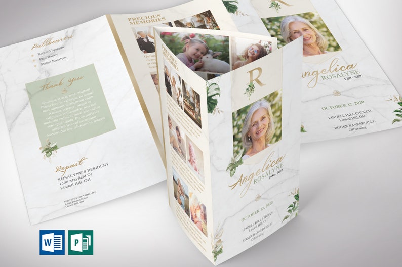 Tropica Legal Trifold Funeral Program Template for Word and Publisher is designed with green and gold, Tropical Florals, over a marble stone background. The legal Print Size of 14x8.5 inches is Trifold to 4.75x8.5 inches. The celebration of life