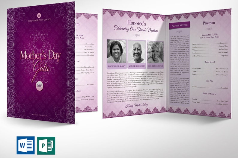 Mothers Day Gala Tabloid Program Template for Word and Publisher has 4 pages. The Banquet Program features a vintage purple decorative theme. The Church bulletin Print Size of 17x11 inches is Bi-Fold to 8.5x11 inches. Ideal program for Mothers Day