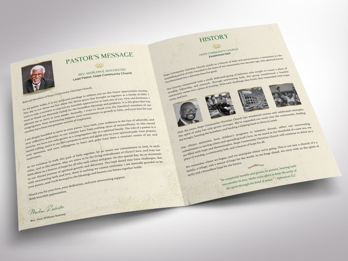 Pastor Anniversary Program Template for Canva: Green & Gold 8-page ...