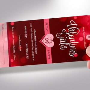 Red Hearts Valentines Day Gala Ticket Template for Templett dot com is size 3x7 inches. It features red heart background sprinkled with pink for Valentine's Day fundraising events. Perfect for churches and non-profit organizations.