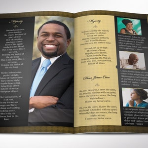 Loving Funeral Program Canva Template V1 - Black, 8 Pages, Print Size 11 x 8.5, Bi-fold to 5.5 x 8.5 inches. A modern funeral & memorial services template. It has gold decals and yellow text style laid over a decorative black and yellow background.