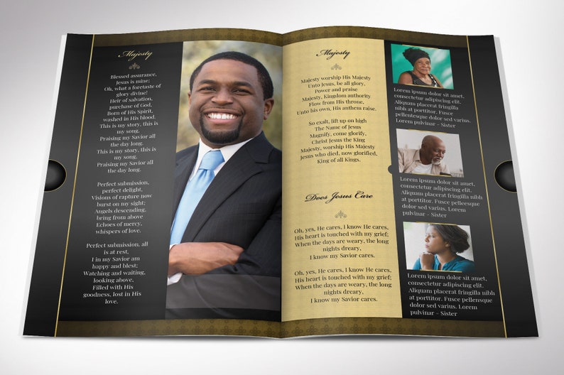 Loving Funeral Program Canva Template V1 - Black, 8 Pages, Print Size 11 x 8.5, Bi-fold to 5.5 x 8.5 inches. A modern funeral & memorial services template. It has gold decals and yellow text style laid over a decorative black and yellow background.