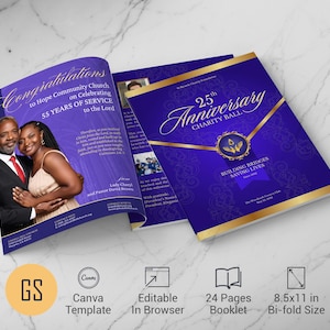 May include: A 24-page bi-fold booklet template measuring 8.5x11 inches, featuring a deep purple and gold design. The cover displays 25th Anniversary Charity Ball text, while the interior page shows a photograph of a couple and text celebrating 55 years of service to the Lord. The layout includes editable sections for event details and organizational information.