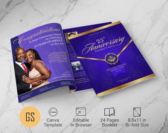Church Anniversary Souvenir Book Template Violet & Gold Gala Program (Canva, 8.5x11, 24 Pages)