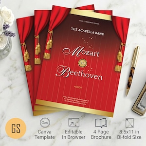 Red & Gold Musical Event Program Template: 4-Page Bifold Concert Brochure | Canva (8.5x11) Digital Download