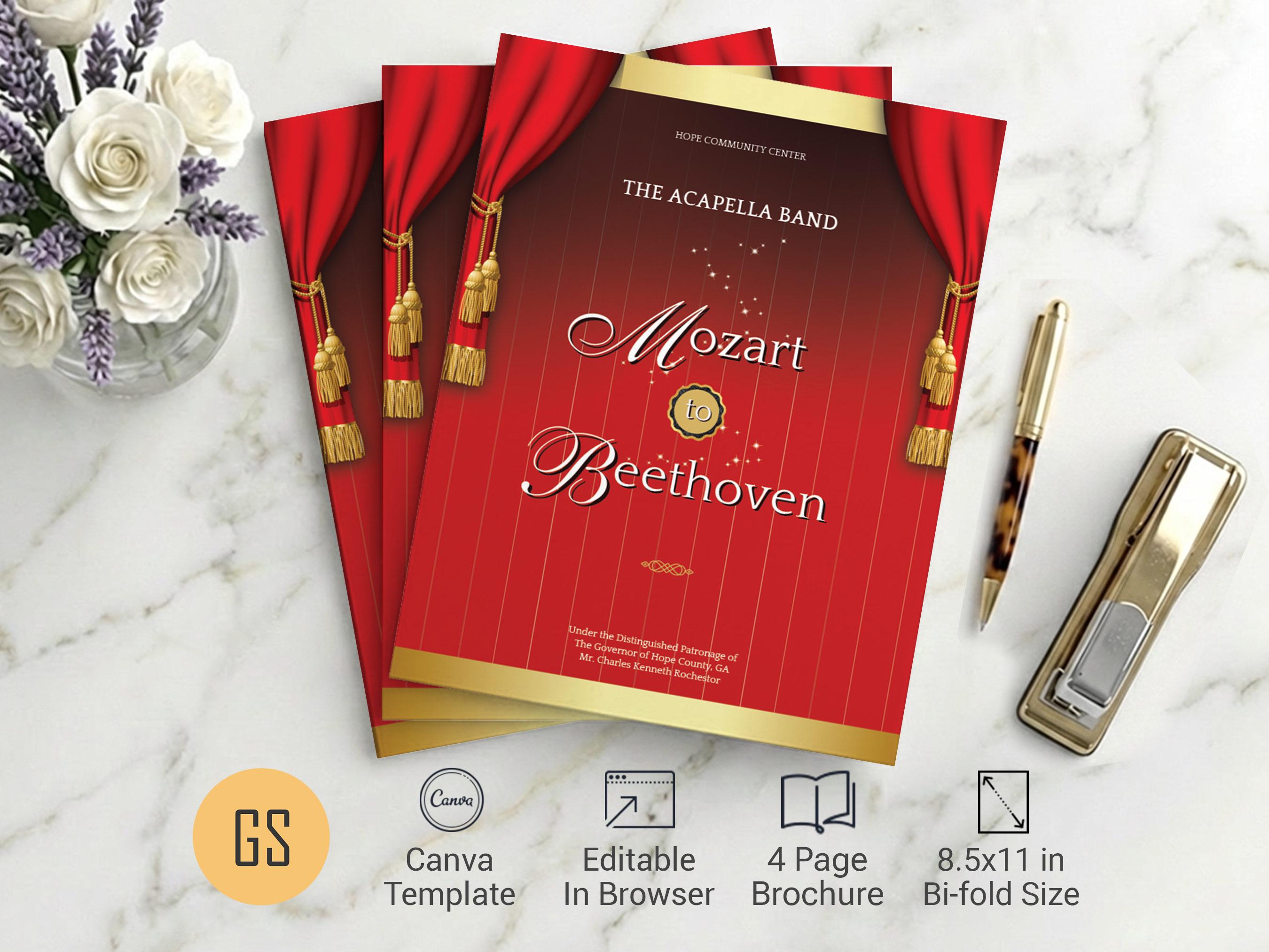 Red & Gold Musical Event Program Template: 4-page Bifold Concert