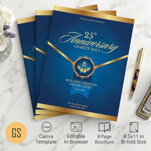 Modello di programma per il gala dell'anniversario blu e oro / Canva: opuscolo pieghevole da 8 pagine (8,5x11) download digitale