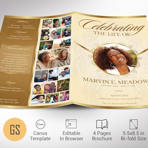 Plantilla de programa de funeral de Victoria, color beige dorado, digital, celebración de la vida, en memoria amorosa, plantilla de obituario para mujeres, 4 páginas, 5,5 x 8,5"