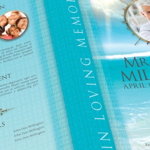 Oceanic Tabloid Funeral Program Template for Word and Publisher has 8 Pages. The celebration of life bi-fold brochure features a vivid ocean with a blue sky. The Print Size of 17x11 inches is Bi-Fold to 8.5x11 inches. An oceanic theme.